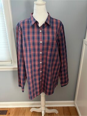 L.L. Bean Women's 2X Wrinkle Free Plaid Button Down Shirt Blue Red Long Sleeve